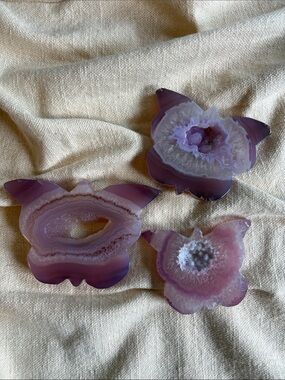 Pink Agate Butterfly Trio – Druzy Crystal Carvings
